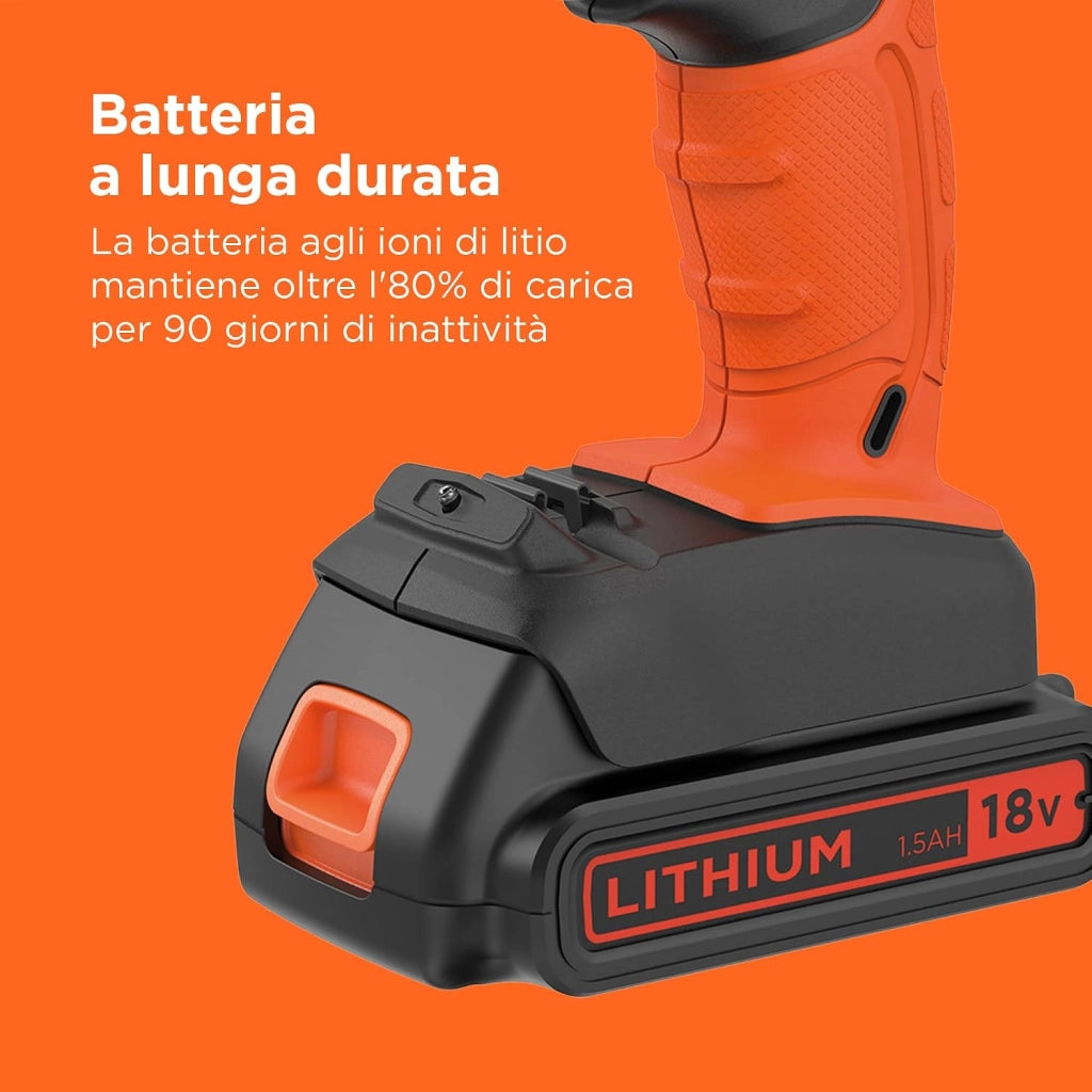 BLACK+DECKER Trapano a percussione a batteria da 18V a 2 velocità con due batterie da 1,5Ah e caricatore da 400mA, coppia di 45Nm, luce da lavoro a LED, BCD003C2K-QW