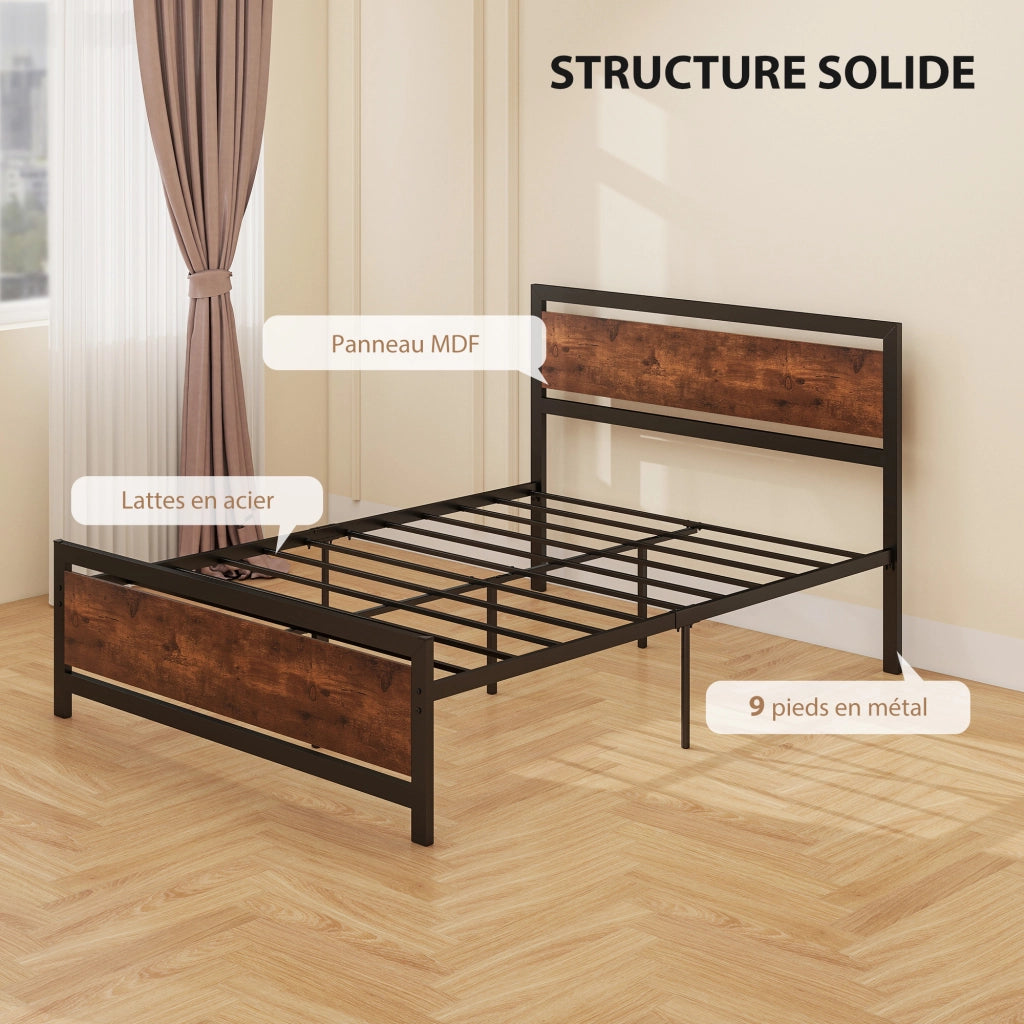 Letto Matrimoniale in Acciaio con Testiera e Rete a Doghe ¨C Zephmum ¨C 140x190 cm Marrone