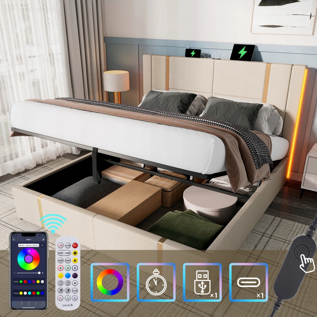 Letto imbottito matrimoniale - Xylo - 160x200 - Beige - USB-C LED APP