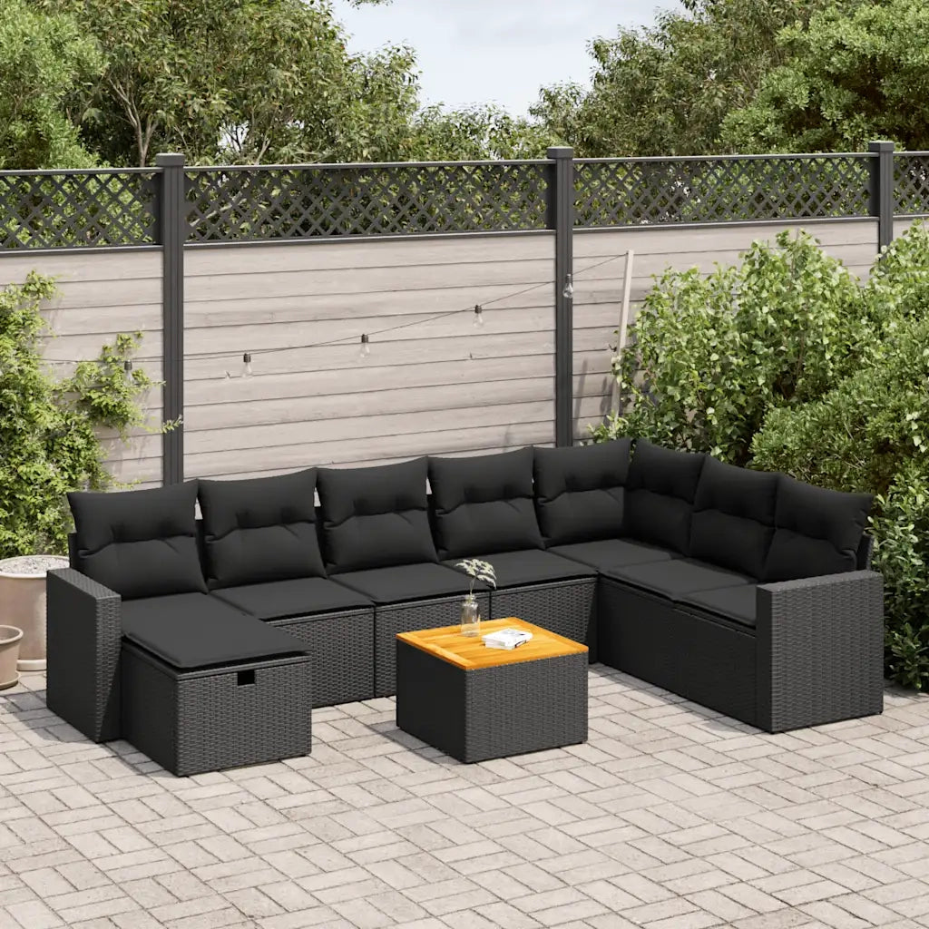 Set Divani da Giardino 9 pz con Cuscini Nero in Polyrattan