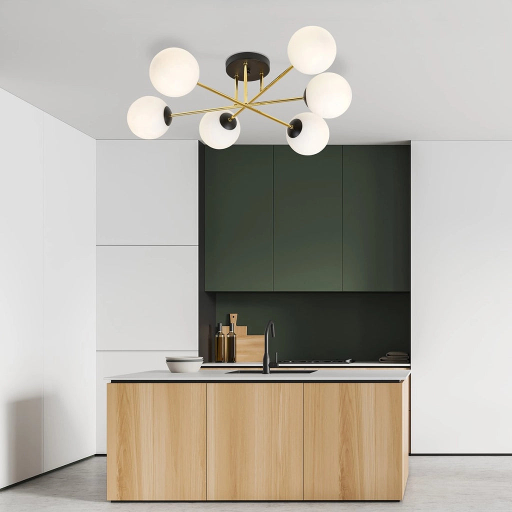 Lampada a sospensione Magnum in acciaio nero e oro con sfere in vetro bianco