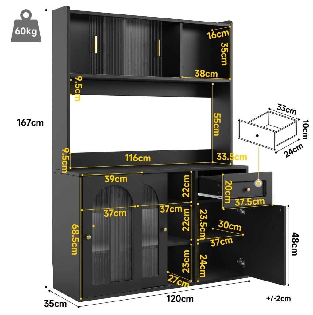 Credenza 120x35x167 cm con LED controllato da app; ripiani regolabili; vetro scorrevole; MDF e PB; nero