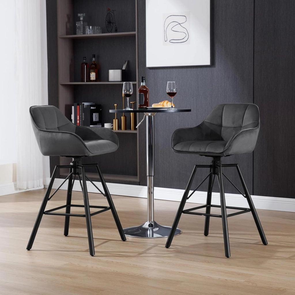 2 Pezzi Sgabello da Bar con Poggiapiedi, Sedia da Cucina con Sedile Girevole, Schienale e Braccioli, Seduta in Velluto e Gambe in Metallo, Grigio Scuro, BH397dgr-2