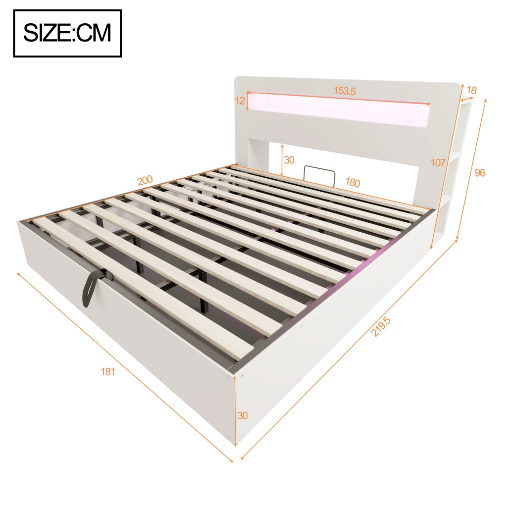 Letto contenitore 180 × 200 cm con sollevamento idraulico, LED, prese e ripiani, senza materasso, bianco