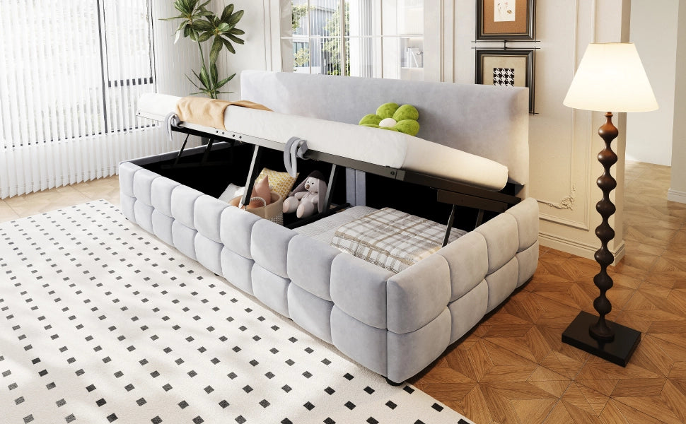 Letto imbottito con vano contenitore idraulico velluto grigio chiaro 90x200 cm