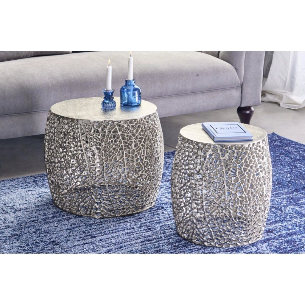 Set di 2 tavolini METRIX argentati con piccolo motivo arrotondato – Tavolini design in alluminio opaco
