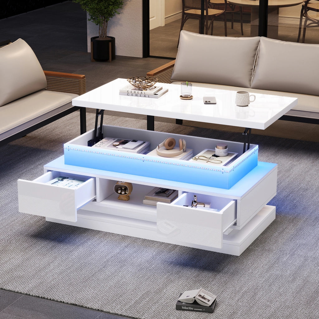 Tavolino da caffè rialzabile con LED, 2 cassetti e vano contenitivo nascosto