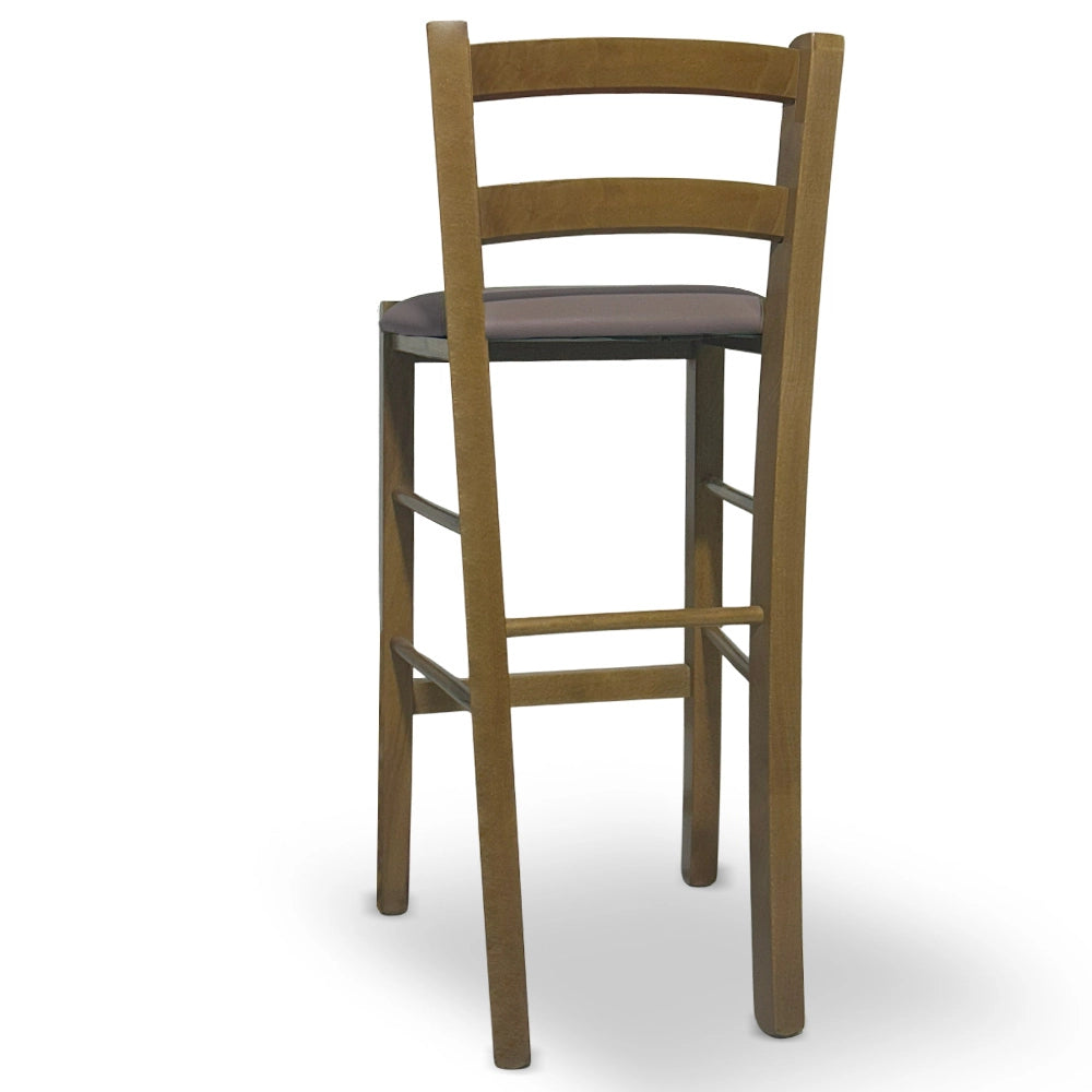 Sgabello in legno noce chiaro con schienale h 66cm con seduta similpelle tortora