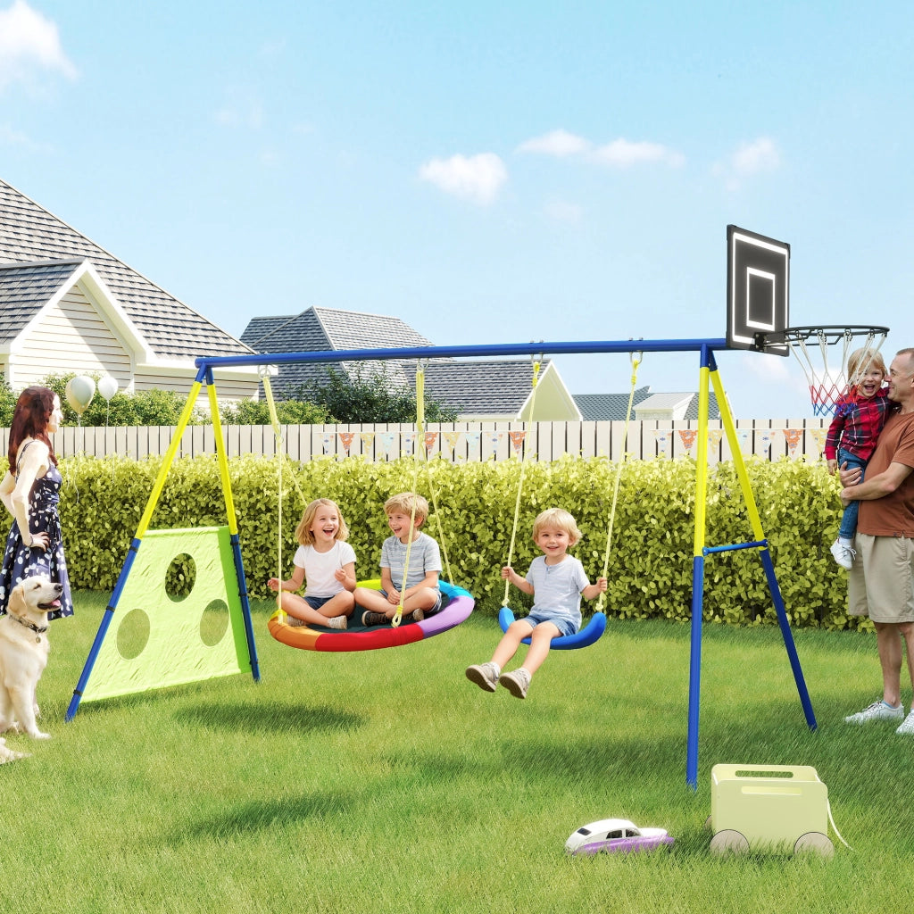 Set Altalena da Giardino 4 in 1 per Bambini 3-8 Anni con 2 Altalene, Canestro e Porta da Calcio