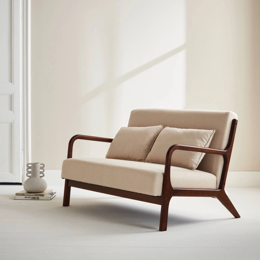 Panca stile scandinavo in legno di hevea e tessuto, 2 posti, beige