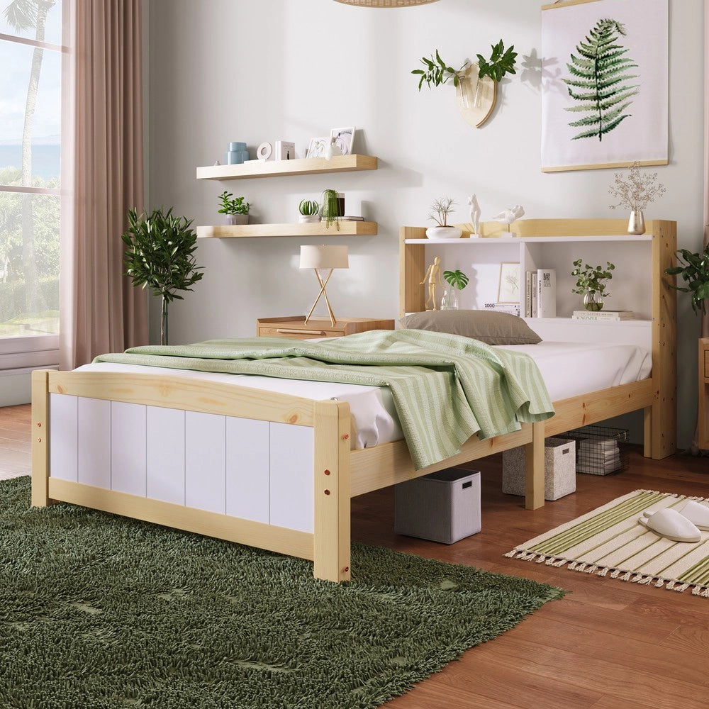 Letto Singolo in Pino Massello con Testiera Contenitore e Rete a Doghe ¨C MINIMAL ¨C 90x200 Bianco/Naturale con Materasso