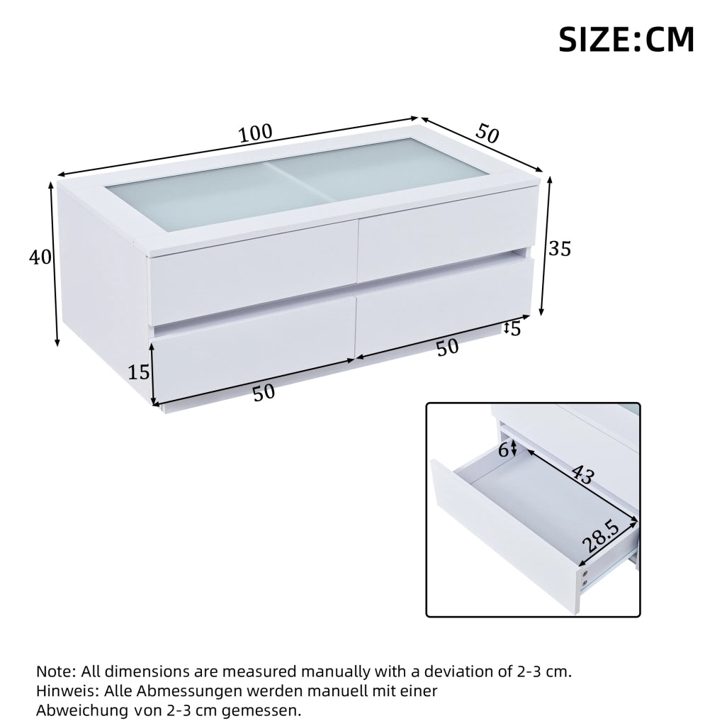 Tavolino da caffè 100x50x40 cm con 4 cassetti; LED; piano in vetro temperato; truciolare bianco