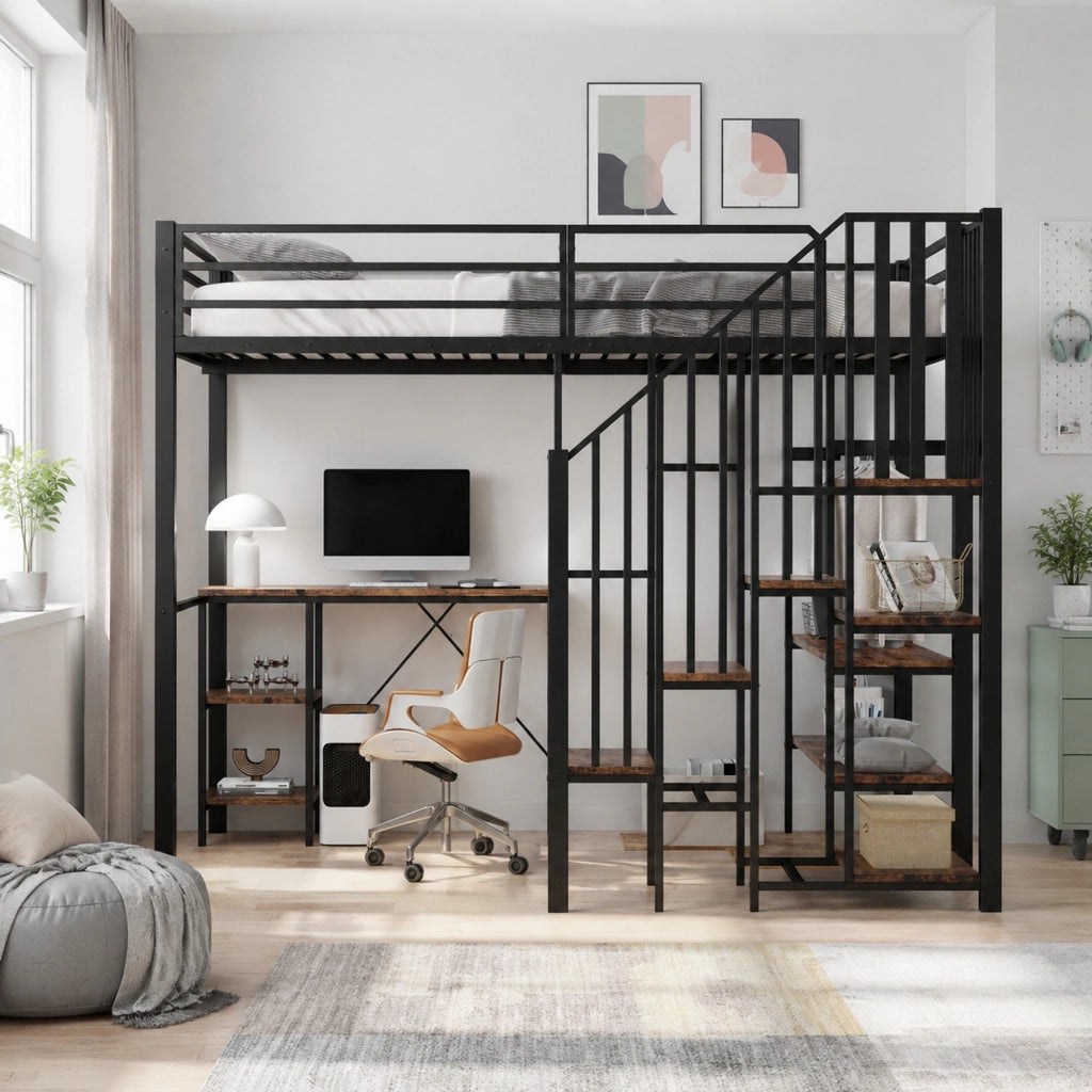 DESMIU Letto a soppalco 1 posto con scrivania, scaffali e armadio aperto 120 × 200 cm, senza materasso