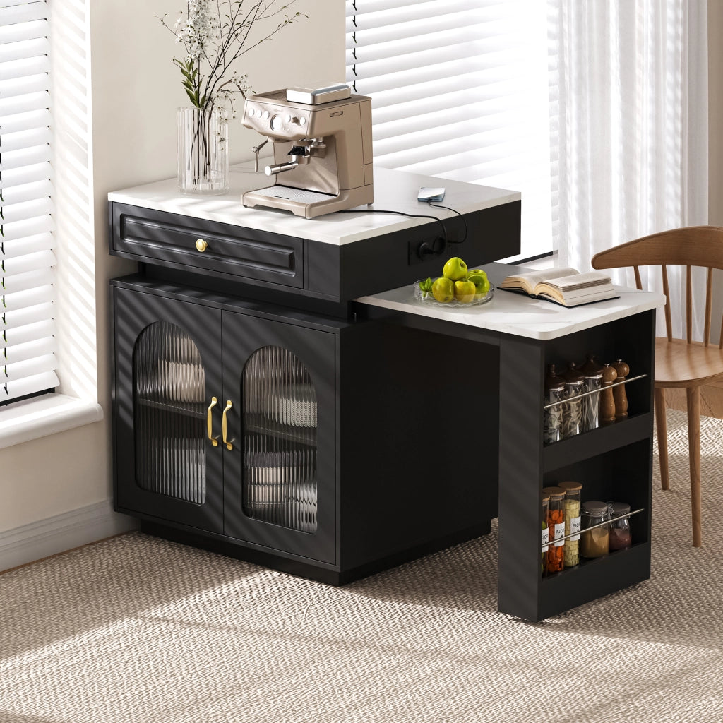 Tavolo da pranzo - isola cucina su ruote - estraibile con LED - bar con prese - nero - anta e sideboard