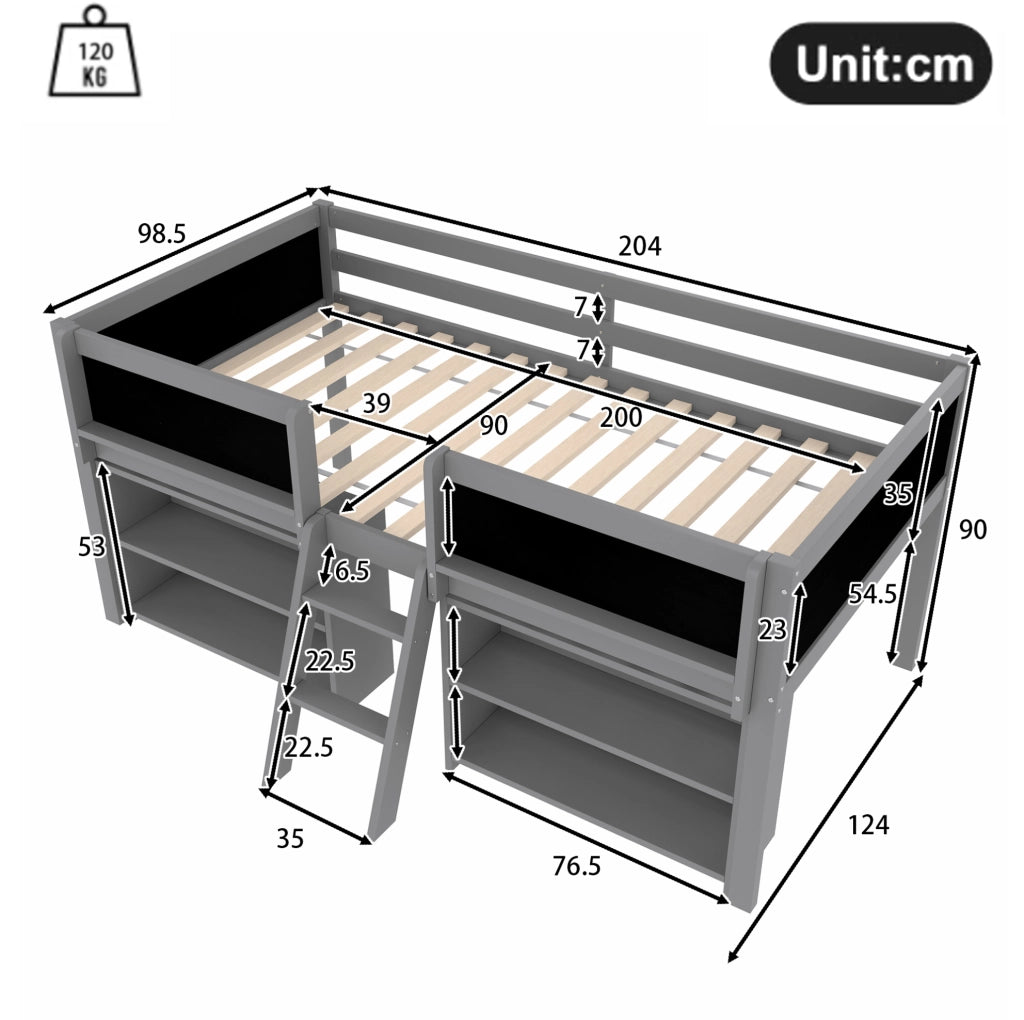 Letto semipiano 90x200 cm con scomparti portaoggetti; sponda di sicurezza e lavagna; in legno di pino e MDF; grigio