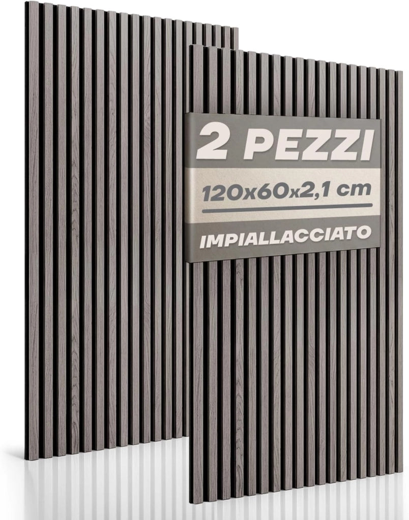RMF PRO Set 2 Pannelli Decorativi Parete Legno Fonoassorbenti Rovere Grigio 120x60 cm (1,44 m²) – Rivestimento Acustico a Listelli MDF per Soggiorno, Studio e Ufficio
