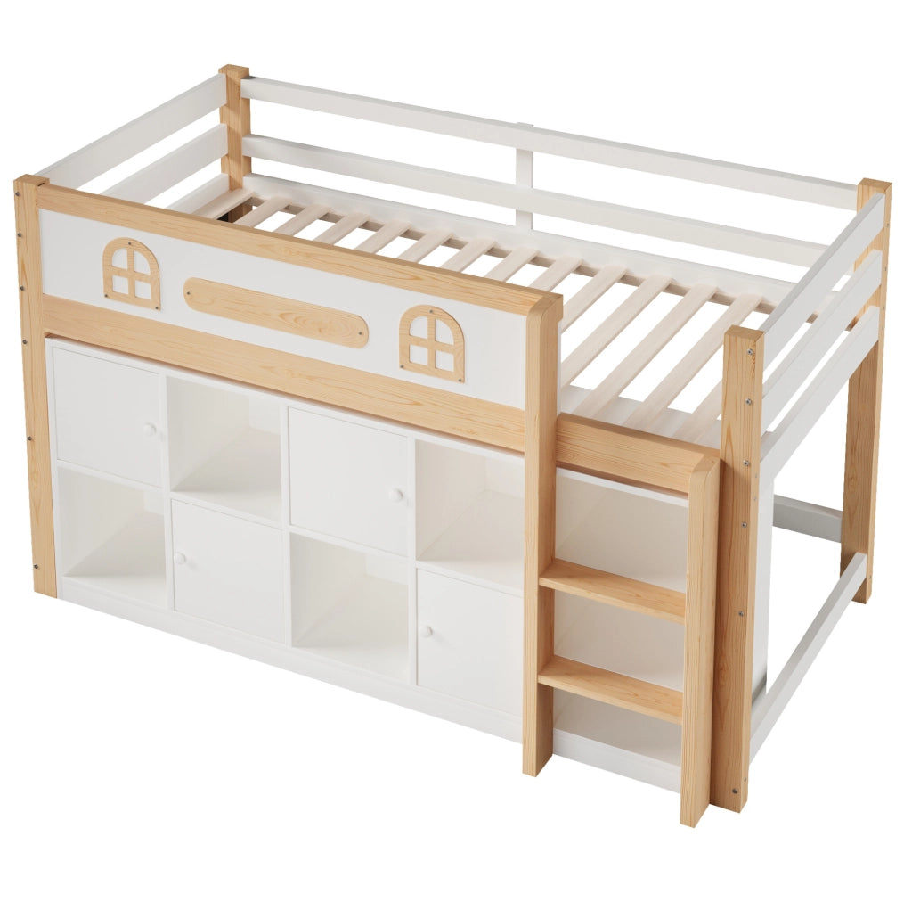 Letto a soppalco 205x94.5x120 cm; con lavagna; scomparti e scala; senza materasso; in pino e MDF; bianco naturale