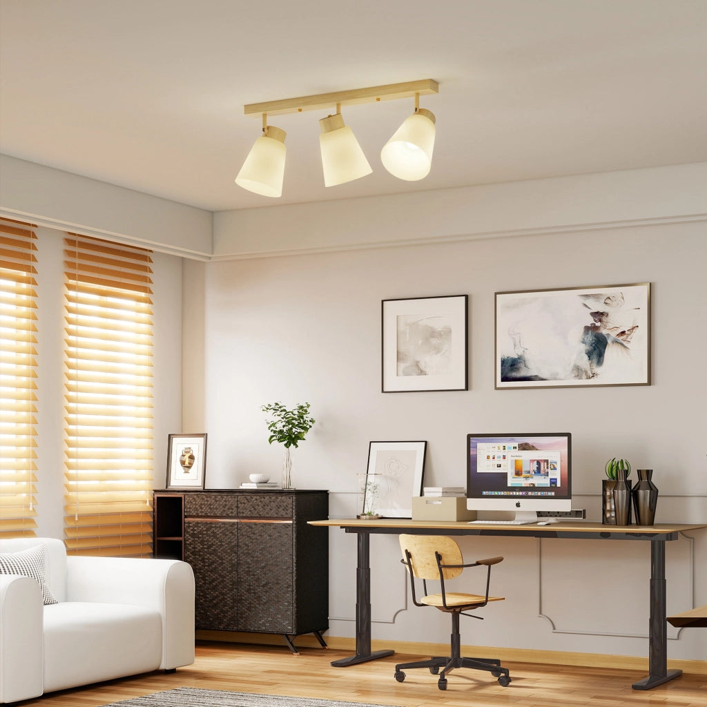 Lampadario da Soffitto con 3 Punti Luce Regolabili a 90° e Attacchi E27 in Acciaio e Vetro Color Legno