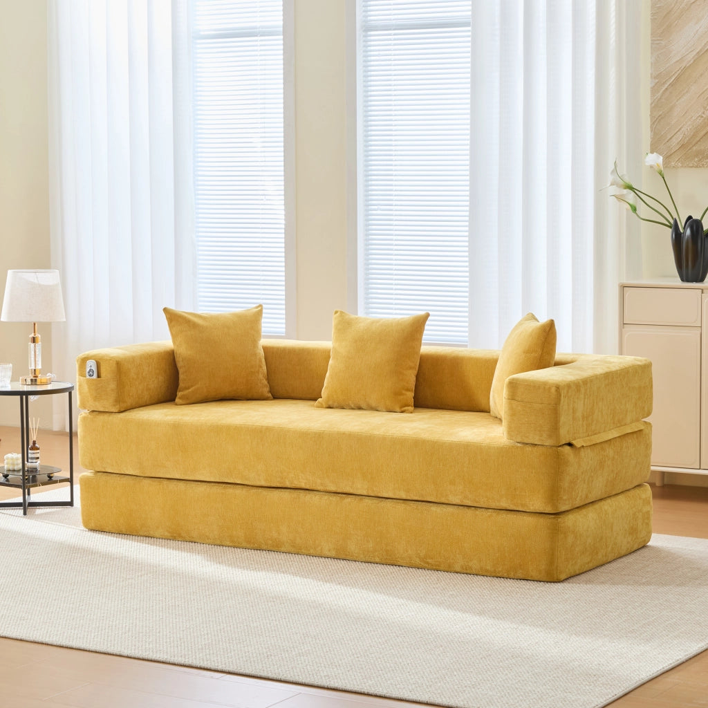 Divano modulare in ciniglia con tasche laterali, base antiscivolo e montaggio rapido, giallo senape 198 × 79 × 60 cm