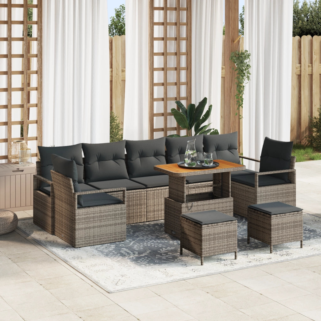 Set Divano da Giardino da 10 Pezzi con Cuscini Grigio in Polyrattan Acacia