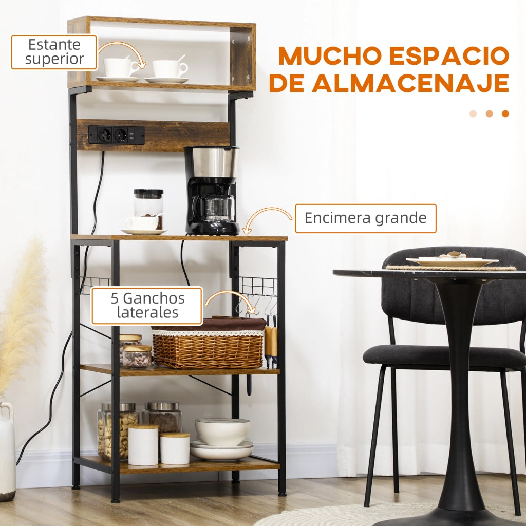 Mobiletto per Microonde con 2 Prese USB e 5 Ganci ¨C Minimal ¨C 60x42x153 cm Marrone
