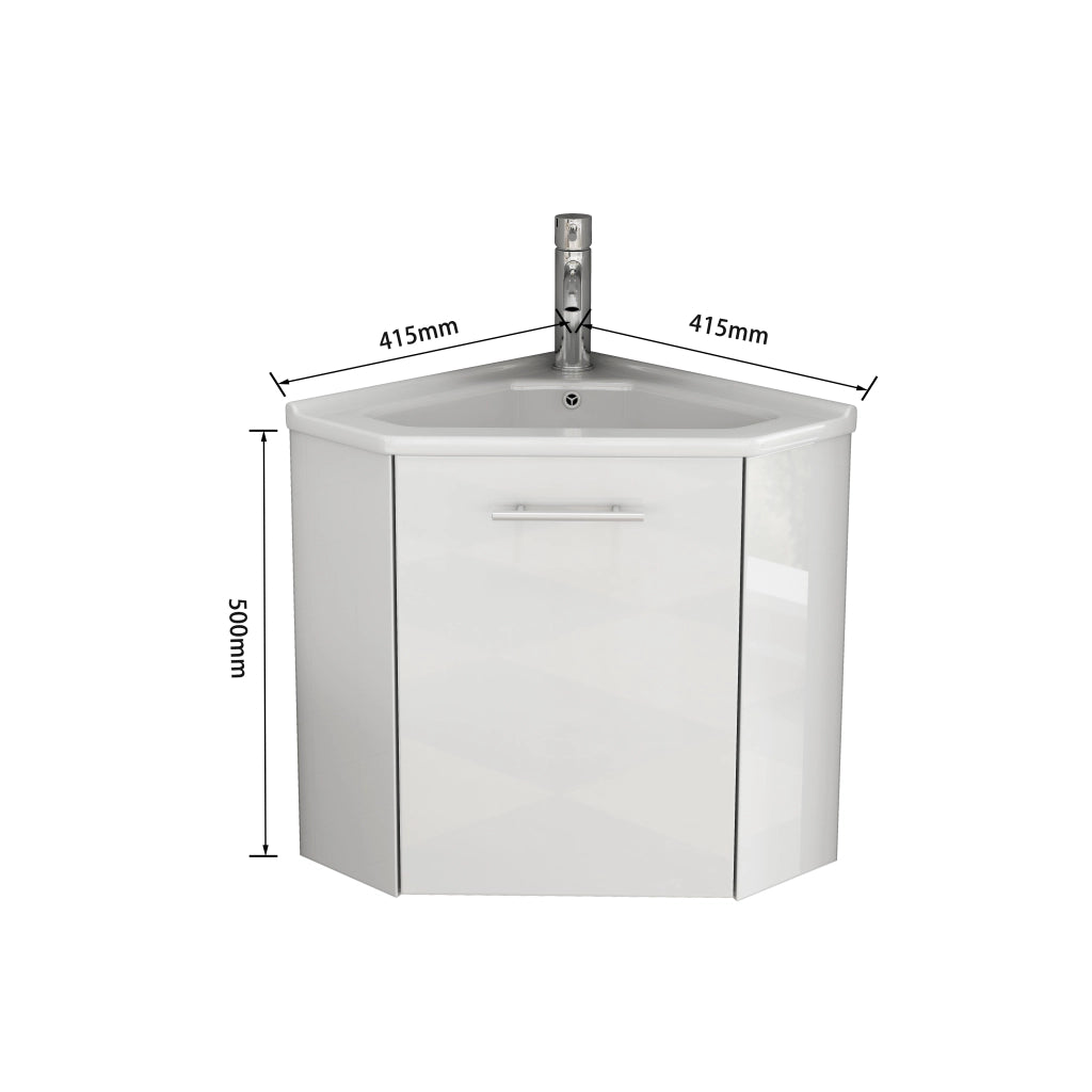 Mobile angolare da bagno con lavabo in ceramica lucida e paraspruzzi, completamente preassemblato per una facile installazione, lavabo angolare