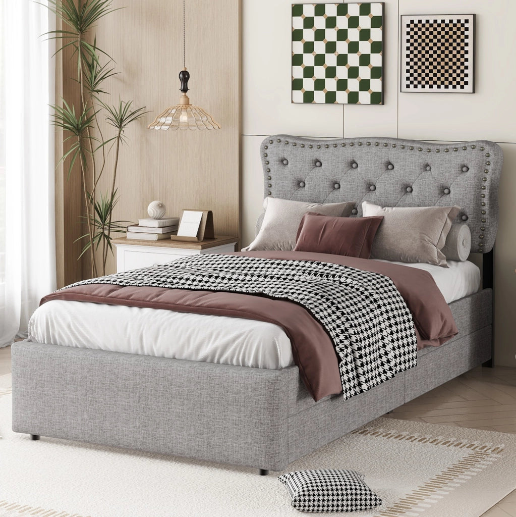Letto singolo imbottito 90x200 cm con 2 cassetti grigio