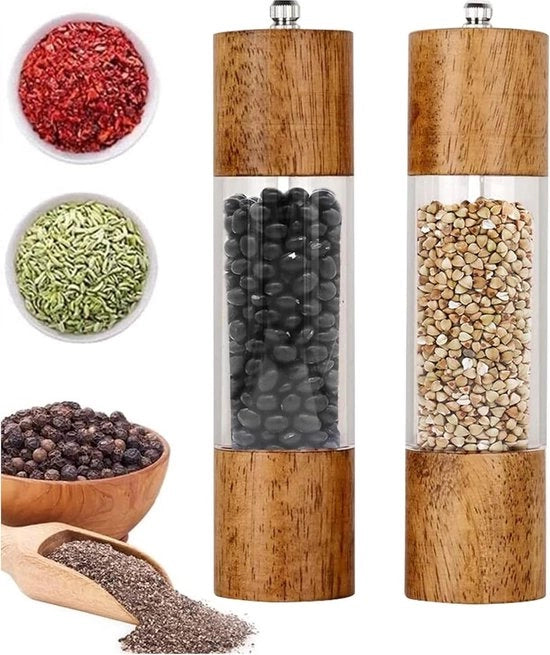Set di 2 Molini a Pepe in Legno, Macchina da Cucina Manuale con Affilatura Ceramica per Sale e Pepe Ricaricabile.