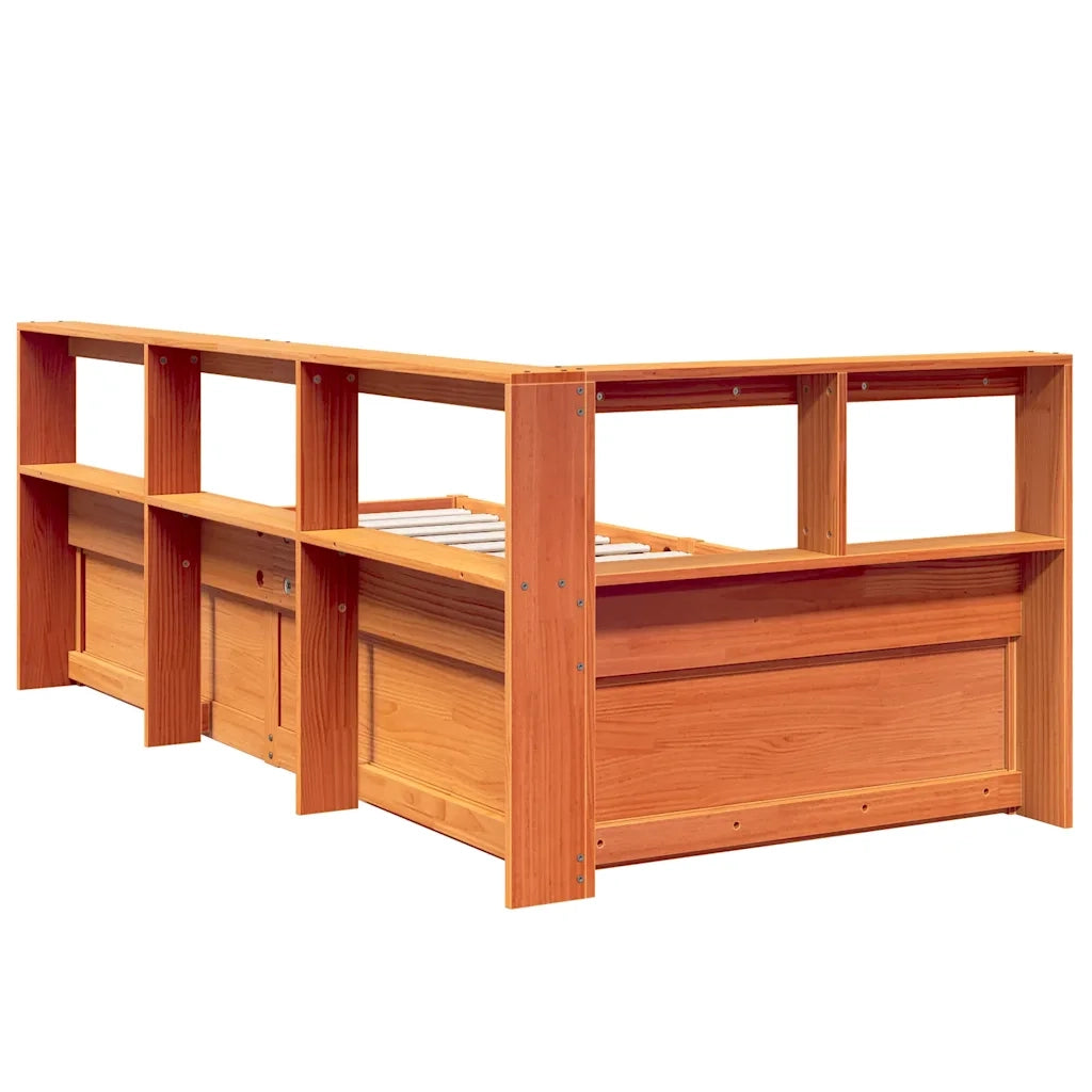 Letto Libreria senza Materasso-Struttura Letto con contenitore Marrone Cera 90x200 cm in Pino 584375