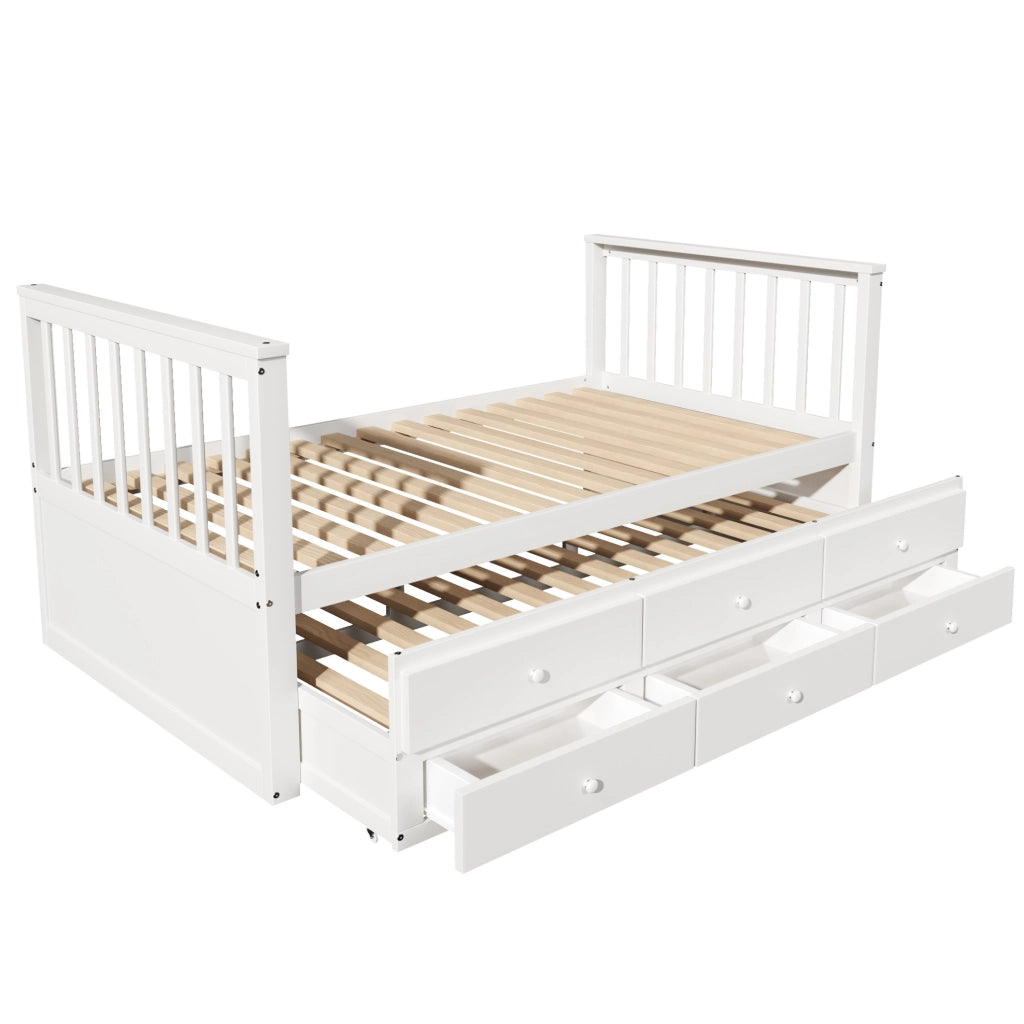 Letto singolo con letto estraibile e 3 cassetti 90x200 cm in legno di pino e MDF bianco