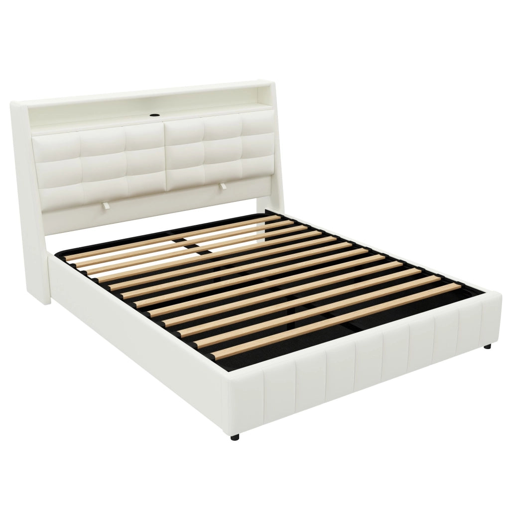 LETTO piattaforma 160x200 cm bianco con LED, USB, contenitore e schienale regolabile