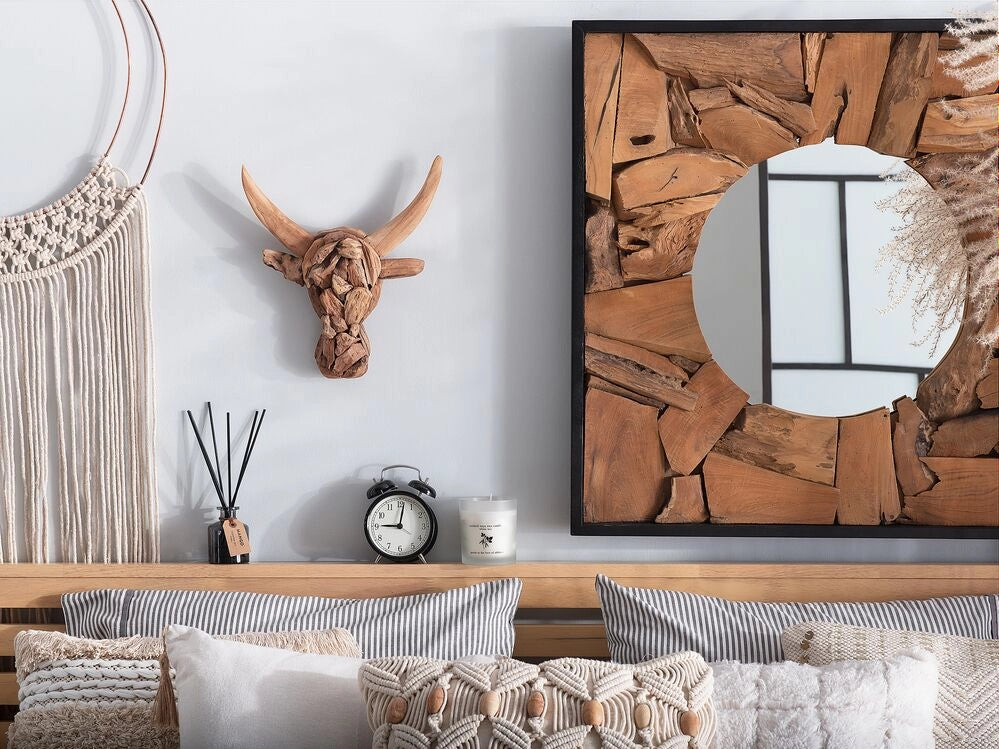 Decorativo da parete testa di toro con corna legno chiaro legno teak 34 x 28 cm rustico