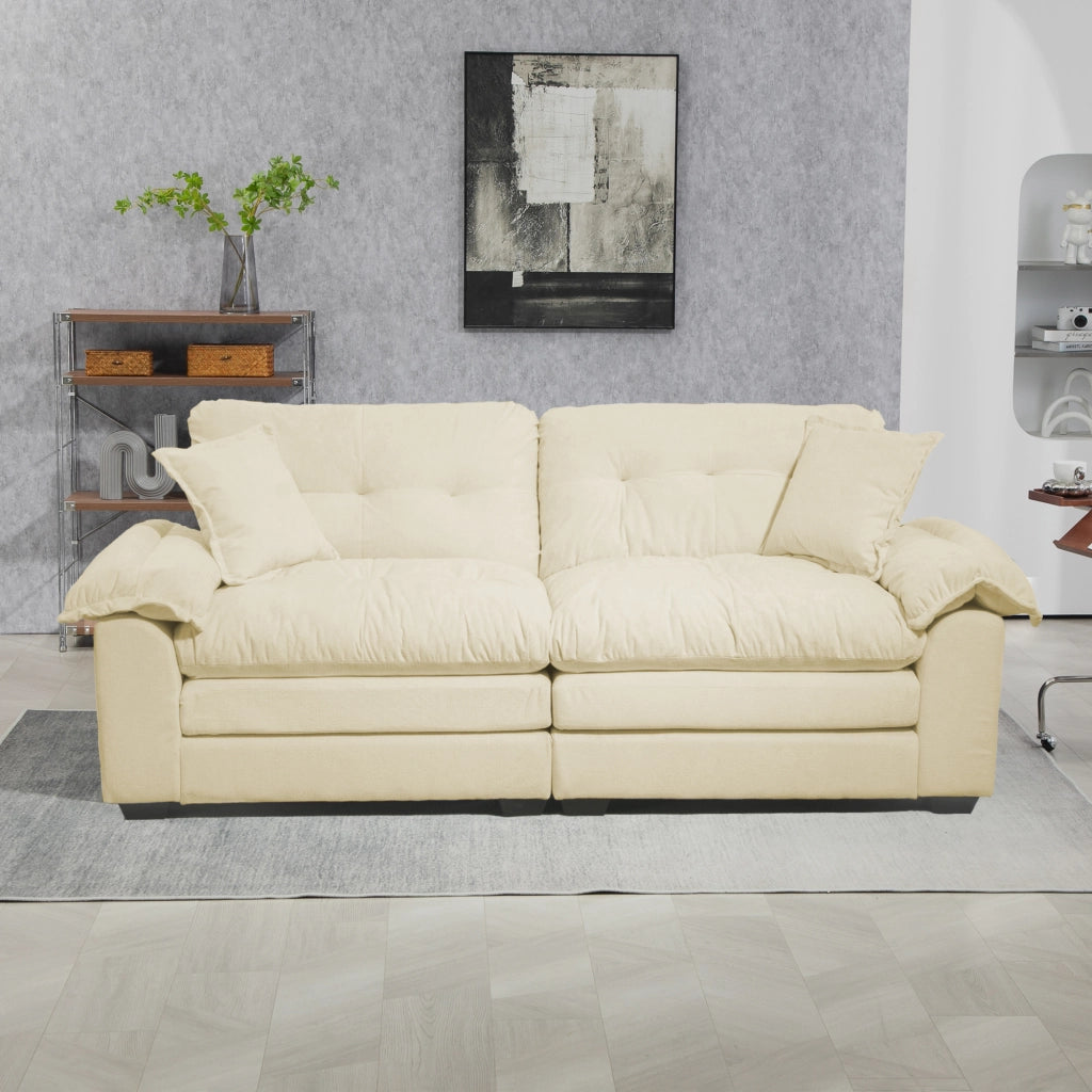 Divano 2 posti in ciniglia con cuscini a doppio strato e seduta profonda beige 214 × 89 × 93 cm