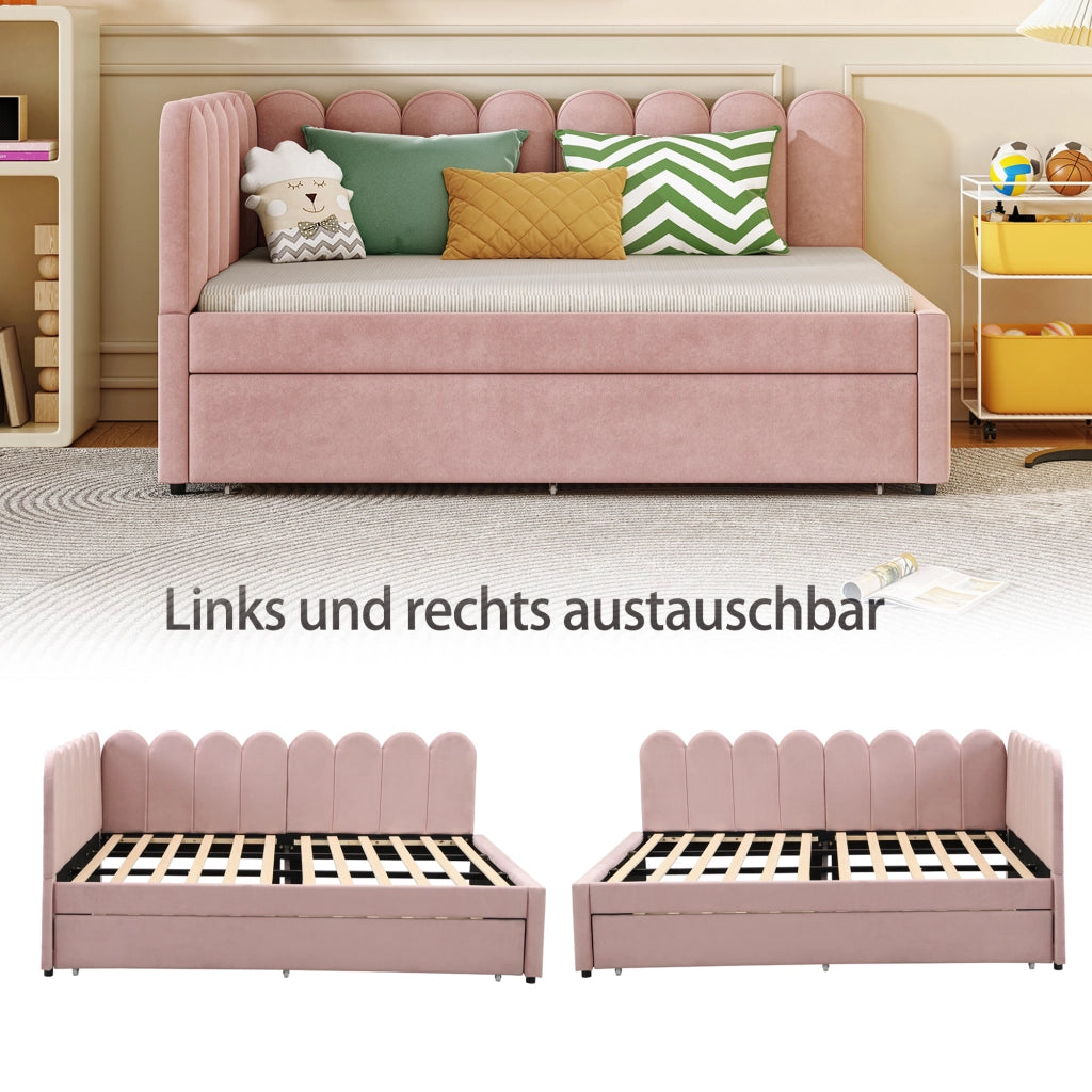 DESMIU Letto estraibile 140 × 200 cm 2 posti con secondo letto e schienale floreale, senza materasso, rosa