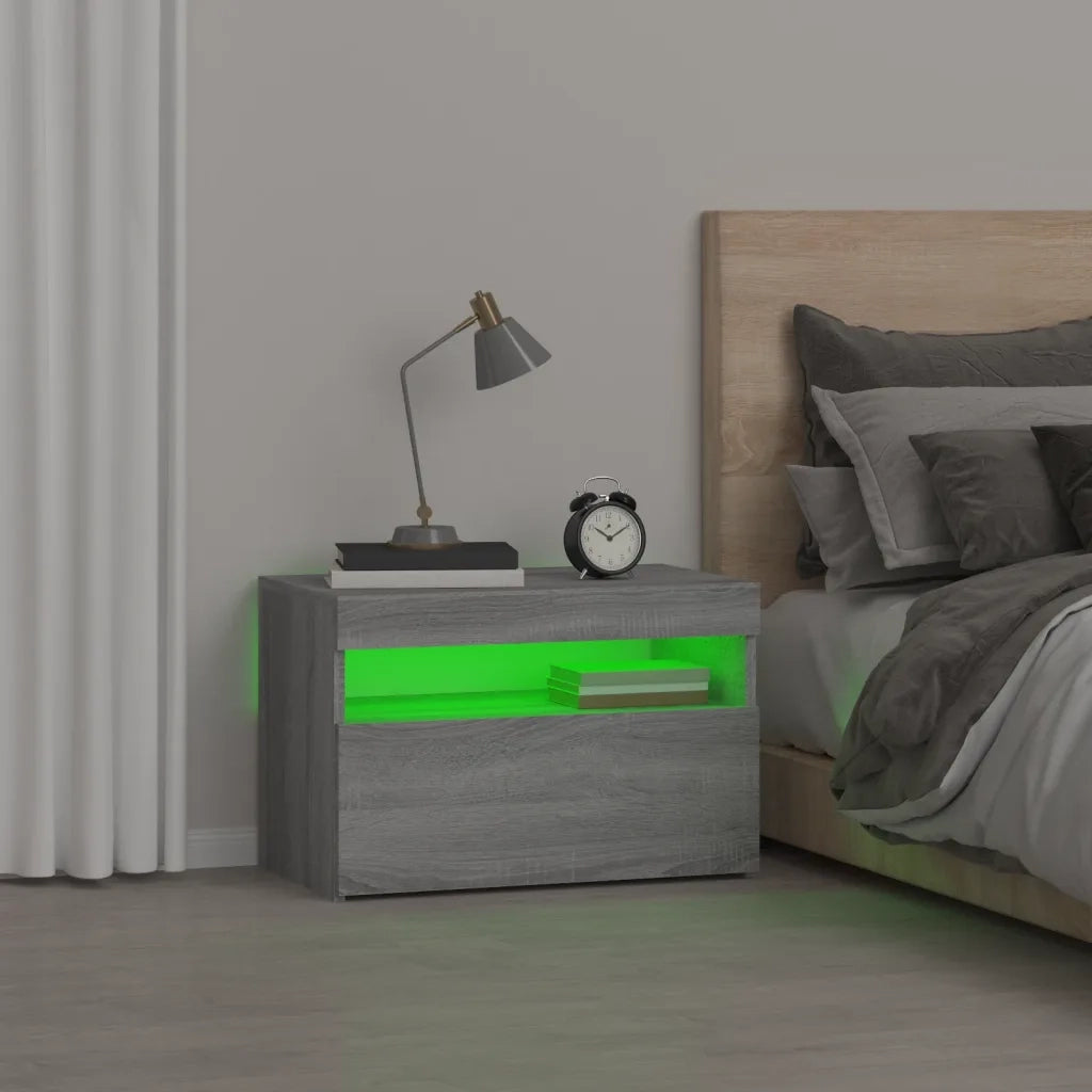 Comodino con Luci LED-Tavolino da notte Grigio Sonoma 60x35x40 cm