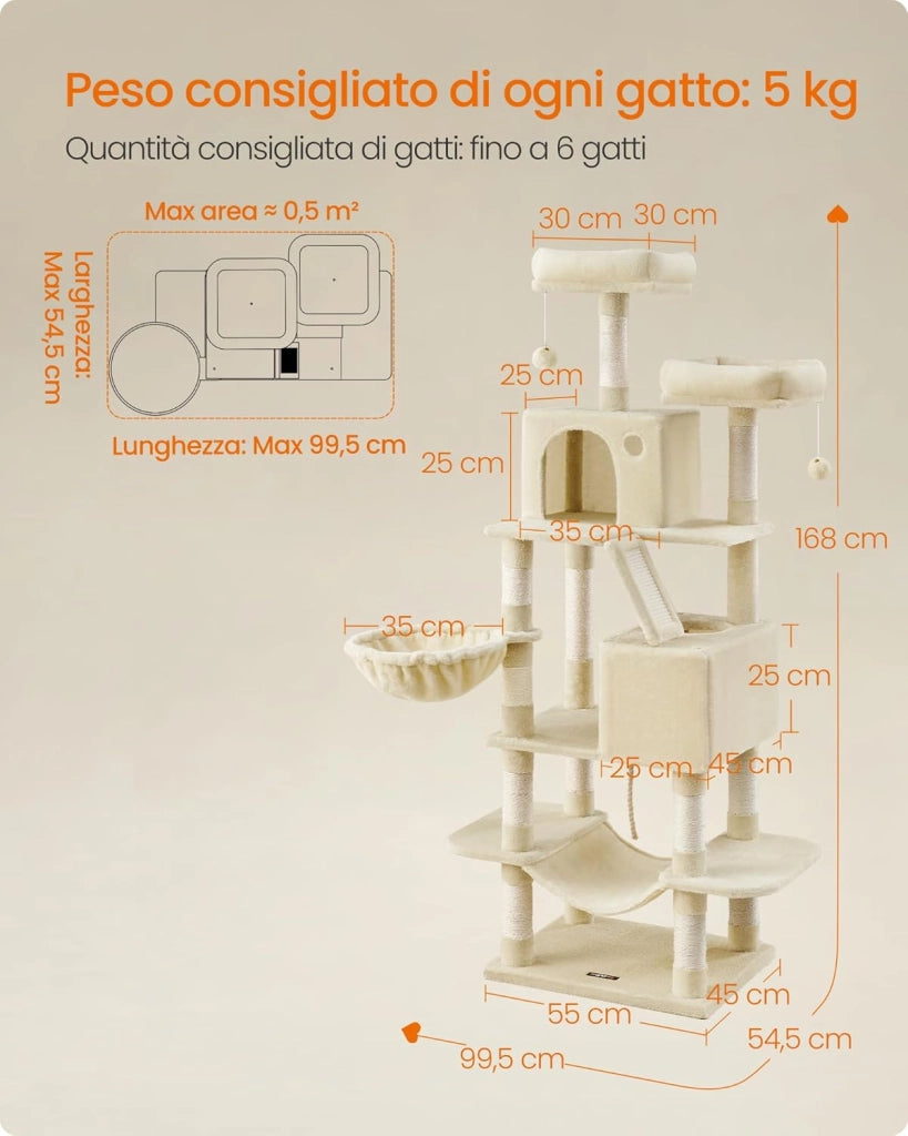 Feandrea Albero per Gatti, Alto 168 cm, Tiragraffi per Gatti con 13 Graffiatoi, 2 Posatoi, 2 Grotte, Cesto, Amaca, Pompon, in Peluche a Più Livelli per Interno, Beige PCT165M01V1