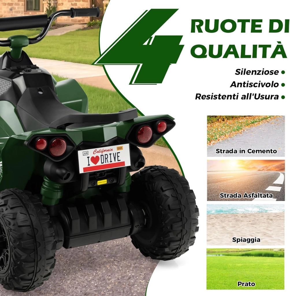 12V Quad Elettrico per Bambini, Macchina Elettrica con Velocità Alta/Bassa, Sedile Comodo Fari Corno e Musica, Auto Elettrica Cavalcabile 2,2/4,3 km/h (Verde)