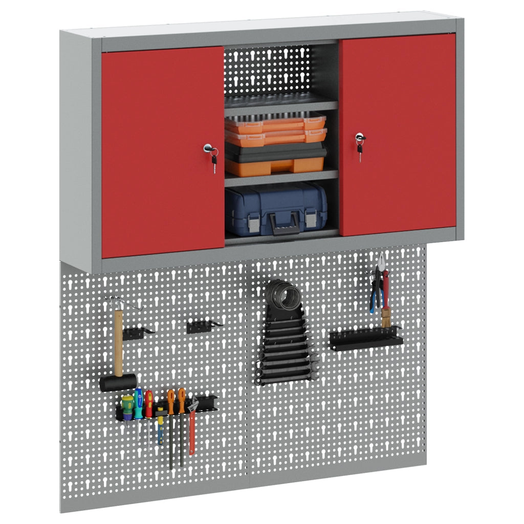 Set da Muro con Mobile per Attrezzi e Pannello Utensili a 3 Pezzi  Rosso Metallico
