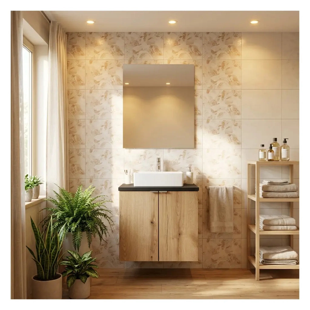 Set da bagno sospeso VANO finitura rovere e nero 50cm: mobile sotto lavabo con armadietti + piano per lavabo