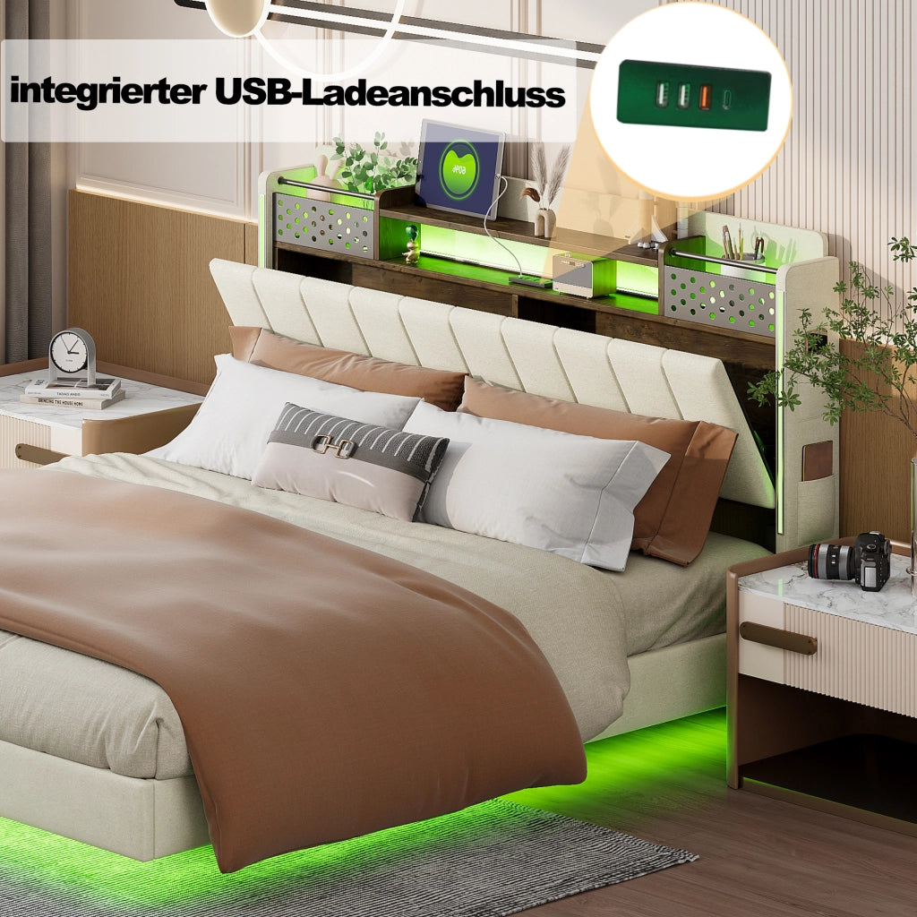 Letto Matrimoniale 140x200 cm; con USB; LED; testiera con vani; Beige