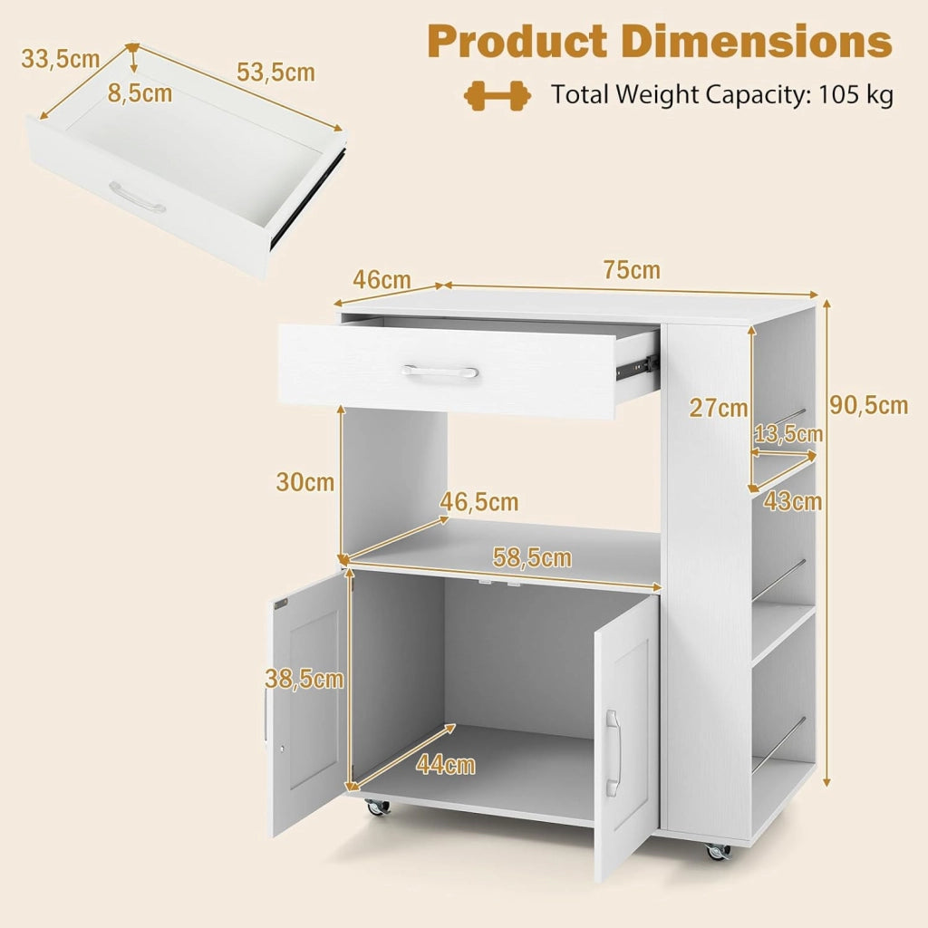 Credenza da Cucina su Ruote, Isola Mobile, Carrello da Servizio con Cassetto e 3 Ripiani, 2 Colori, 75x46x89 cm (Bianco Pieno)