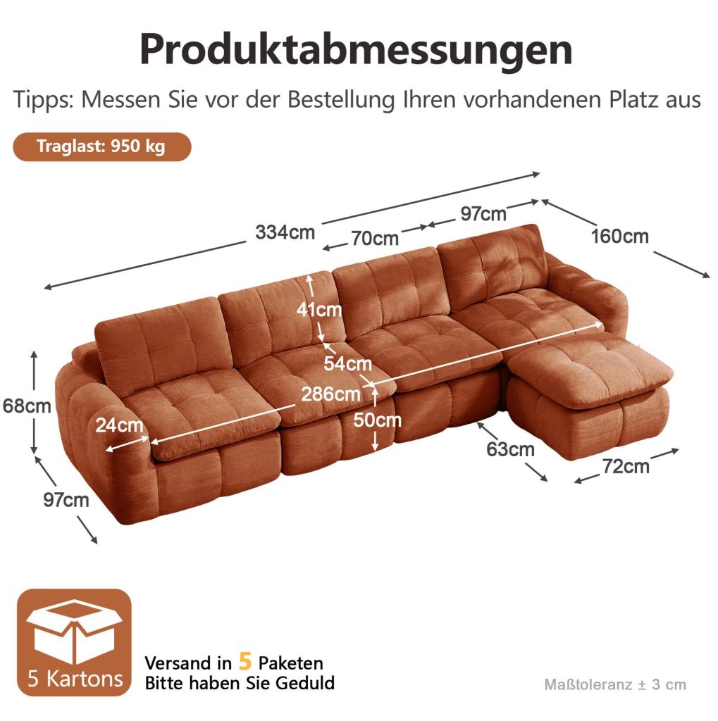 Divano modulare angolare 4 posti con pouf in chenille arancione; 334x160x68 cm