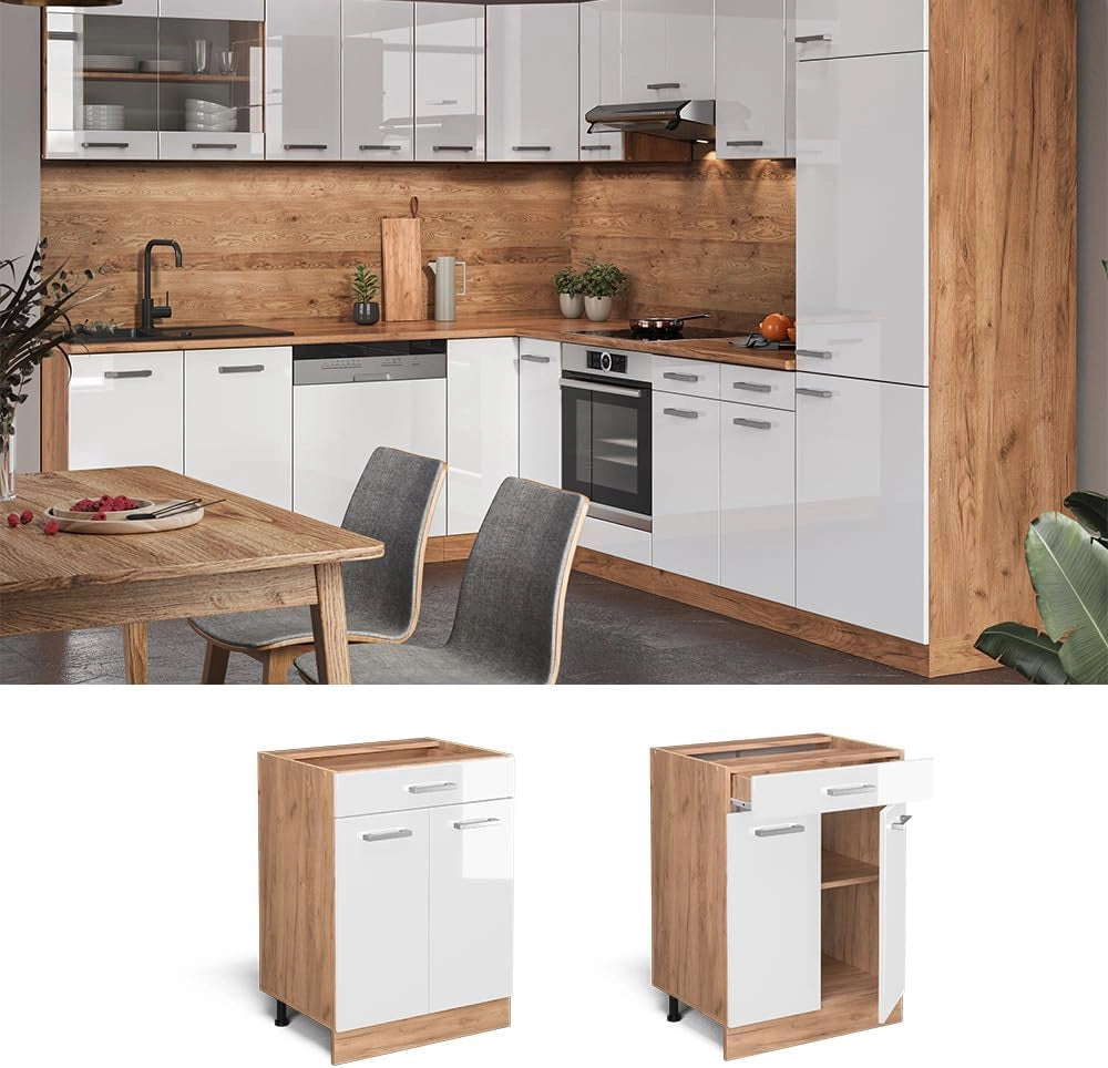 Mobiletto base per cucina R-Line, Bianco lucido, 60 cm con cassetto, senza piano di lavoro, per la libera combinazione all'interno di sistemi cucina modulari