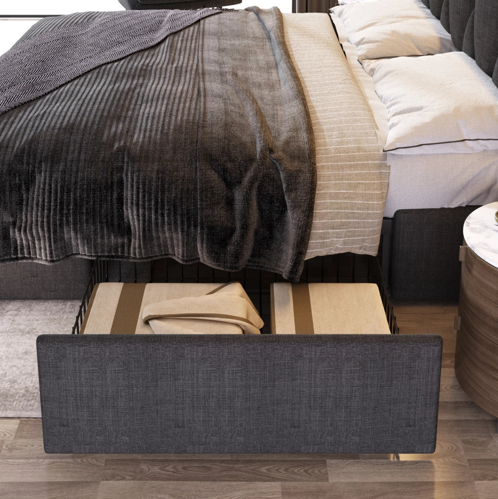Letto contenitore matrimoniale 140x200 cm in lino grigio con 4 cassetti; prese e USB