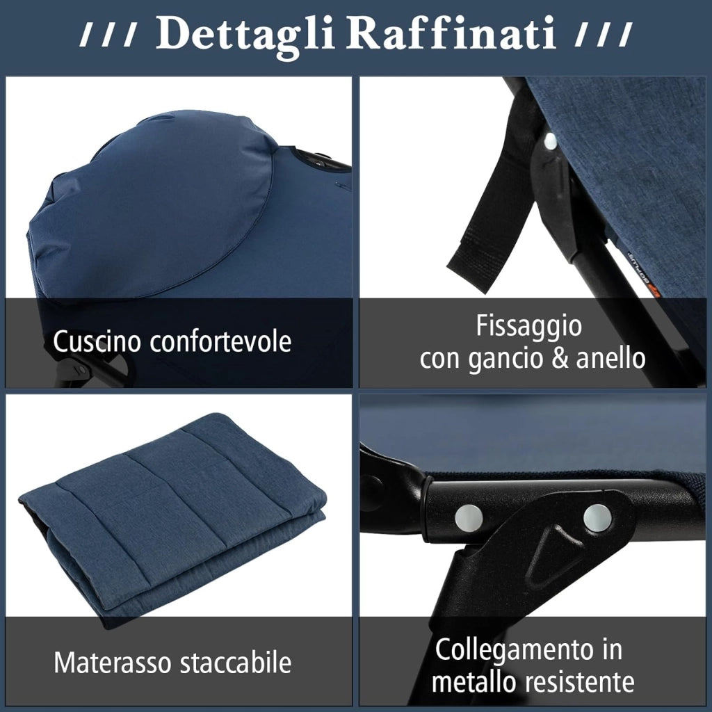 Brandina da Campeggio Pieghevole con Materasso Rimovibile, Poggiatesta, Schienale Regolabile in 6 Posizioni e Copripiedi Girevole a 360°, per Campeggio, Ufficio e Ospiti (Blu)