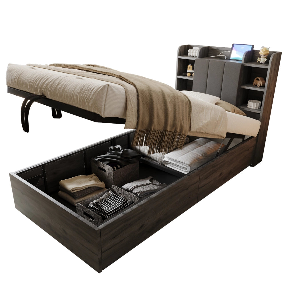 Letto singolo 90x200 cm con contenitore idraulico, USB e Type-C, grigio