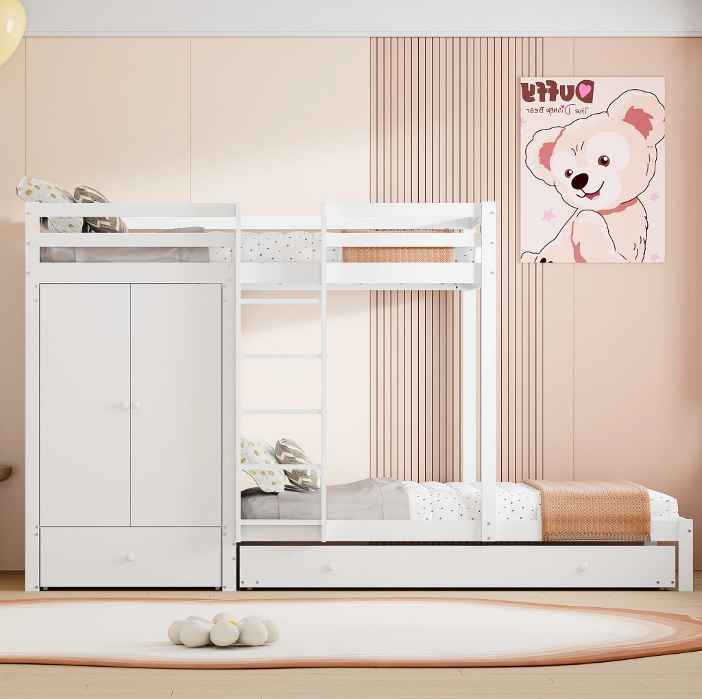 Letto a castello in legno con letto estraibile; armadio; cassetti e ripiano; 90x200 cm; bianco
