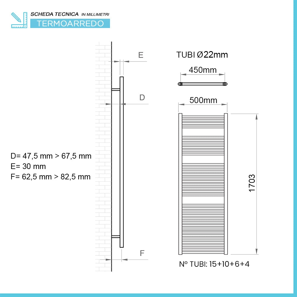 Termoarredo scaldasalviette 500x1703 bianco con interasse 45 cm Sanremo