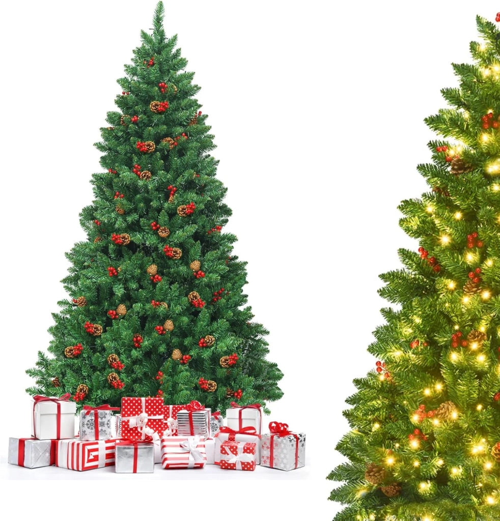 Albero di Natale Artificiale 135/195 cm in PVC, Albero di Natale con Luci LED Incorporate, Mele di Pino e Bacche Rosse, Christmas Tree per Casa, Negozio, Ufficio, Feste (M)