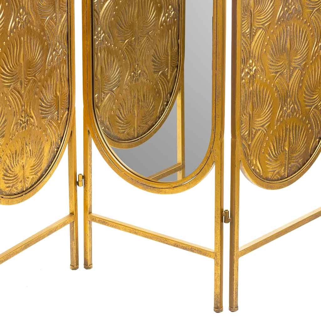 Paravento a 3 foglie in metallo con specchio centrale dorato 121x3x165,5h